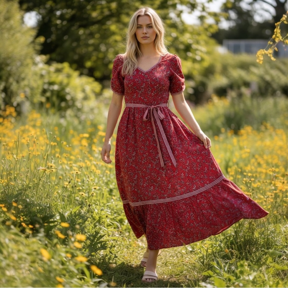 MAX STUDIO | Beautiful Red Floral Boho Tiered Dress size Small